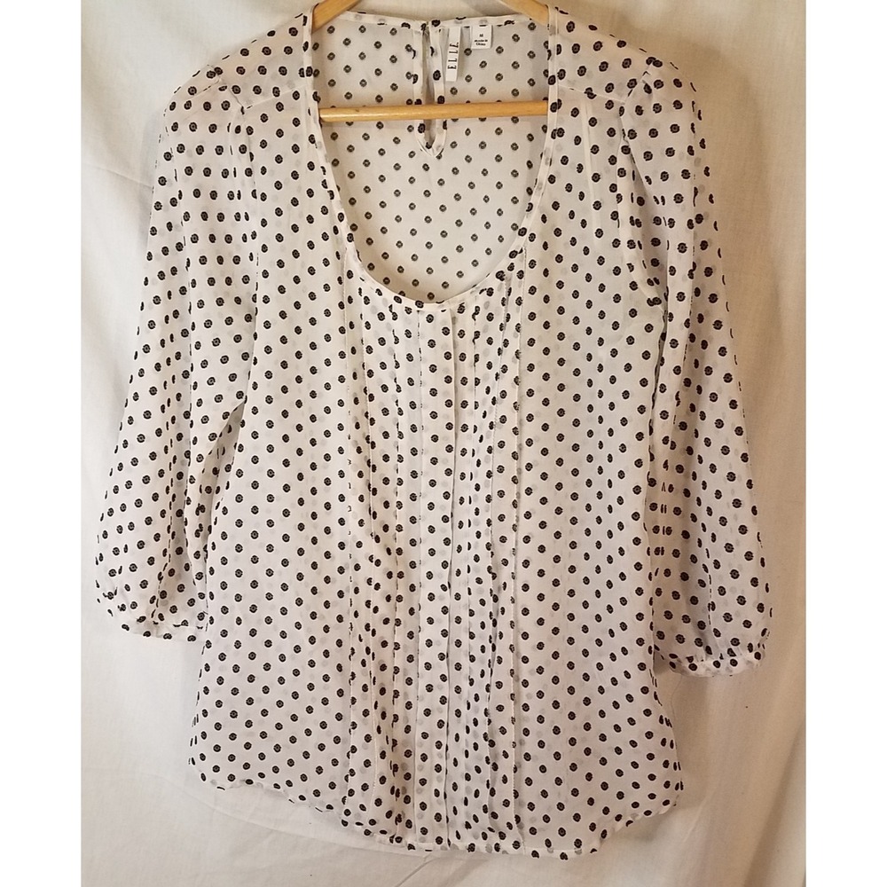Elle Blouse Women's Medium‎ Polka Dot 3/4 Sleeve Ruffle Career Shirt Top VTG